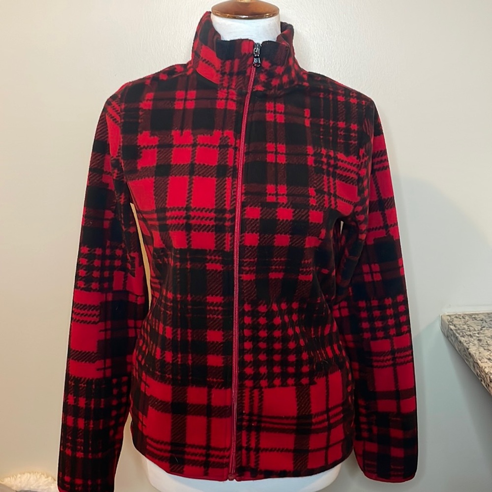 Anthropologie Lauren Ralph Lauren full zip fleece w/pockets, sz small red&black